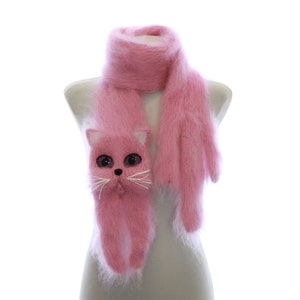 Knitted Scarf pink cat. Fuzzy  Soft Scarf cat scarf. knit cat scarf.  Animal scarf.