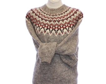 Lopapeysa Iceland knitted sweater 100 % pure Icelandic wool Gray  dark red white and black  Fair Isle