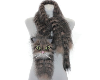 Knitted Scarf  / animal scarf /  tabby cat / Fuzzy  black beige white Soft Scarf / Pet portrait / cat scarf / knit cat scarf / animal scarf