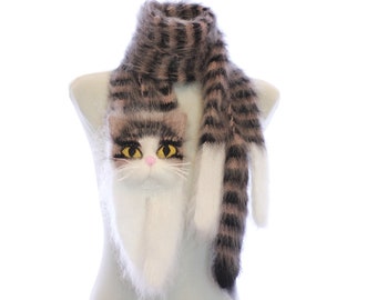 Hand-Knitted Tabby Cat Scarf: Fuzzy Animal Scarf