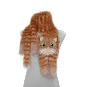 Knitted Scarf / Orange tabby cat / Fuzzy Soft Scarf / Orange biege  / cat scarf / knited cat scarf / animal scarf / pets