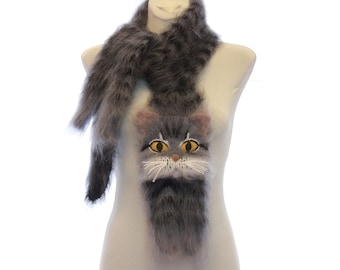 Free Shipping Knitted Scarf. Custom Pet Portrait From Your Photo. animal Fuzzy Soft Scarf.  tabby cat. knit gray tabby cat scarf