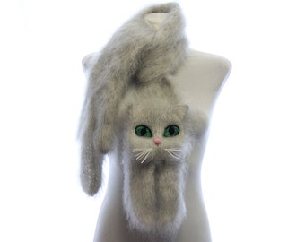 Knitted Scarf silver chinchilla Persian cat. Silver chinchilla British cat . Fuzzy Soft  cat scarf. knit cat scarf. Animal scarf. pets.