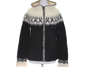 The knitted sweater cardigan with hood /  womens cardigans / black and white / knit cardigan/ knitted sweater / Fair Isle lopapeysa