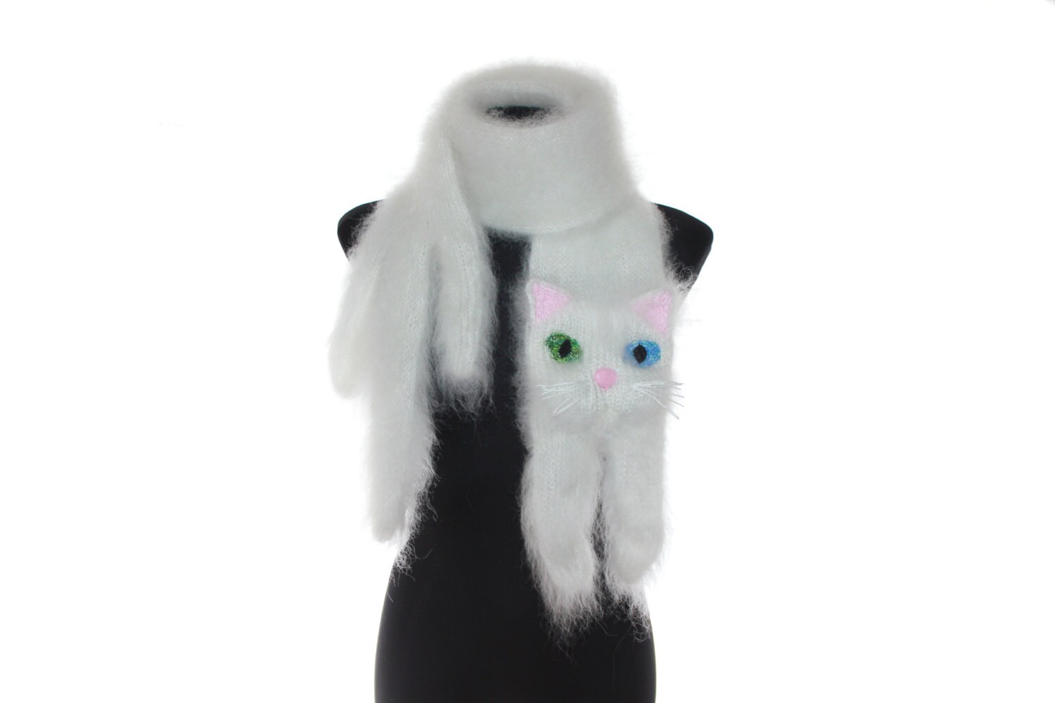 aangepast huisdier portret Accessoires Sjaals & omslagdoeken Sjaals witte kat Fuzzy witte Zachte Sjaal dierensjaal Gebreide Sjaal gebreide kattensjaal Turkse Van kat 