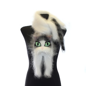 Knitted Scarf, Fuzzy white Soft Scarf, cat scarf,  cat, white cat with black and grey stripes, animal scarf