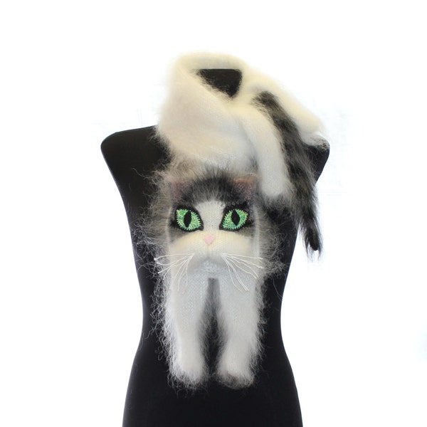 Knitted Scarf, Fuzzy white Soft Scarf, cat scarf,  cat, white cat with black and grey stripes, animal scarf