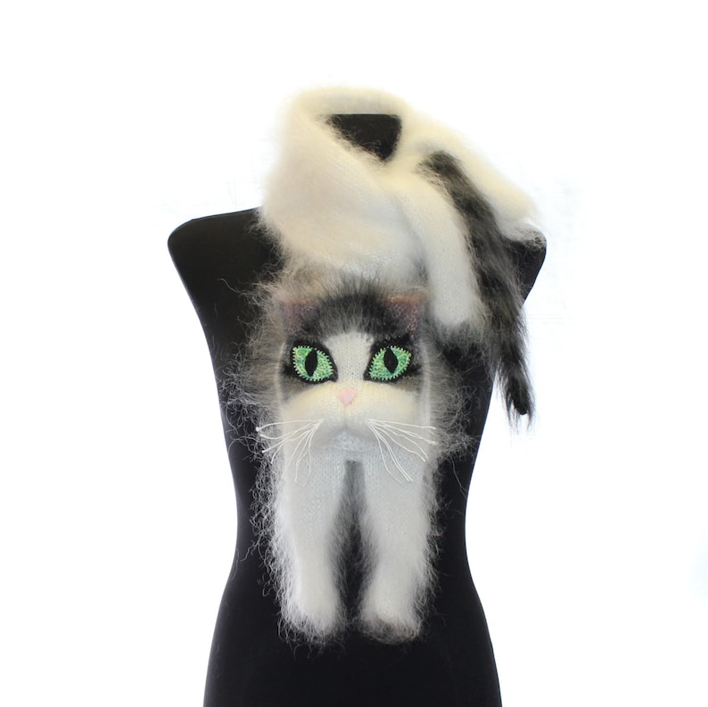 Knitted Scarf, Fuzzy white Soft Scarf, cat scarf, cat, white cat with black and grey stripes, animal scarf image 1