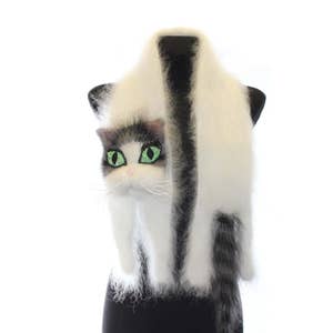 Knitted Scarf, Fuzzy white Soft Scarf, cat scarf, cat, white cat with black and grey stripes, animal scarf image 5