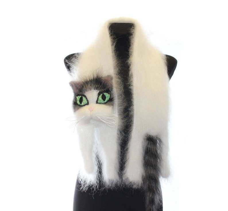 Knitted Scarf, Fuzzy white Soft Scarf, cat scarf, cat, white cat with black and grey stripes, animal scarf image 5