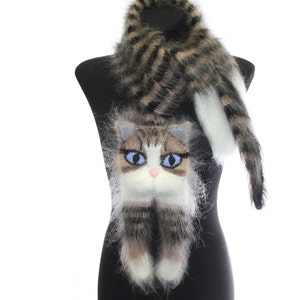 Knitted Scarf  / animal scarf /  tabby cat / Fuzzy  black beige white Soft Scarf / Pet portrait / cat scarf / knit cat scarf / animal scarf