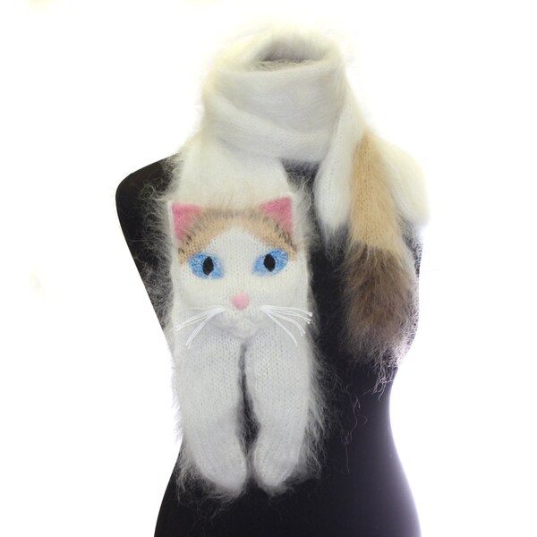 Türkische Van Katze / Knitted Scarf / Fuzzy weiß Soft Schal / Schal Katze / Katze Schal stricken / weiße Katze / Tiere Schal