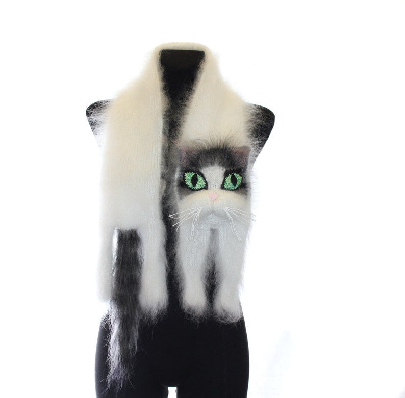 Knitted Scarf, Fuzzy white Soft Scarf, cat scarf, cat, white cat with black and grey stripes, animal scarf image 4