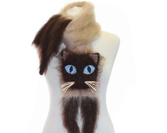 Free Shipping Siamese cat  Knitted Scarf Fuzzy Soft biege brown scarf   animal scarf  Cat Breed Scarf  custom pet portrait