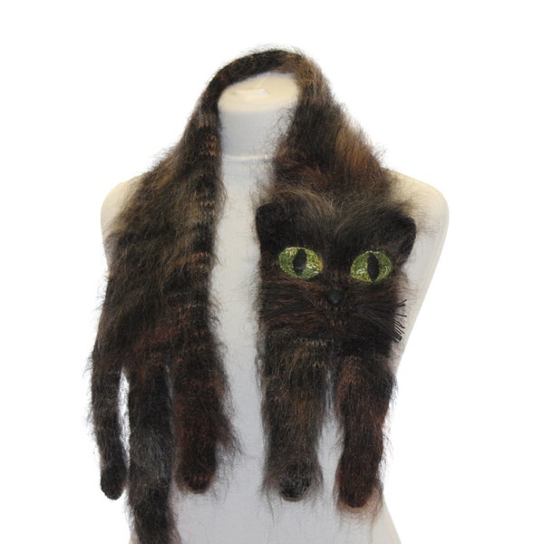 Hand knitted Scarf / Fuzzy brown Soft Scarf / cat short scarf / knit cat scarf