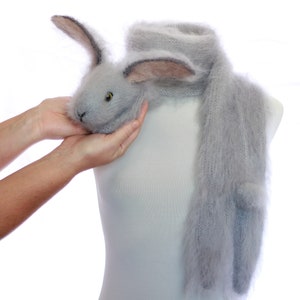 Knitted Rabbit Scarf  / animal scarf /  Fuzzy  beige white Soft Scarf / Pet portrait /bunny scarf / knit scarf / animal scarf