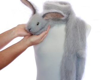Hand Knitted Mohair Rabbit Scarf: Fuzzy Bunny Animal Scarf