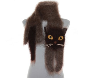 Burmese cat Knitted Scarf / Fuzzy Soft Scarf /  brown scarf / knited cat scarf / animal scarf /  custom pet portrait