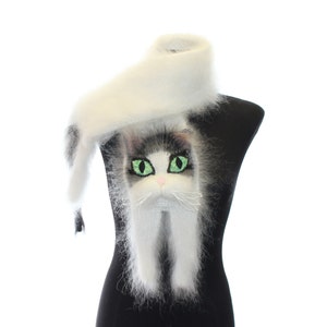 Knitted Scarf, Fuzzy white Soft Scarf, cat scarf, cat, white cat with black and grey stripes, animal scarf image 3
