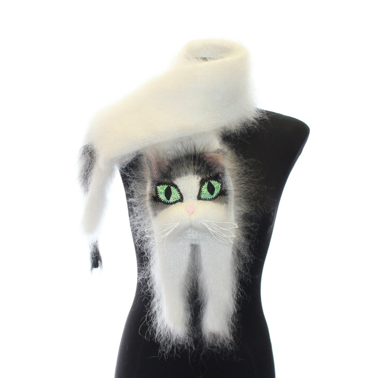 Knitted Scarf, Fuzzy white Soft Scarf, cat scarf, cat, white cat with black and grey stripes, animal scarf image 3