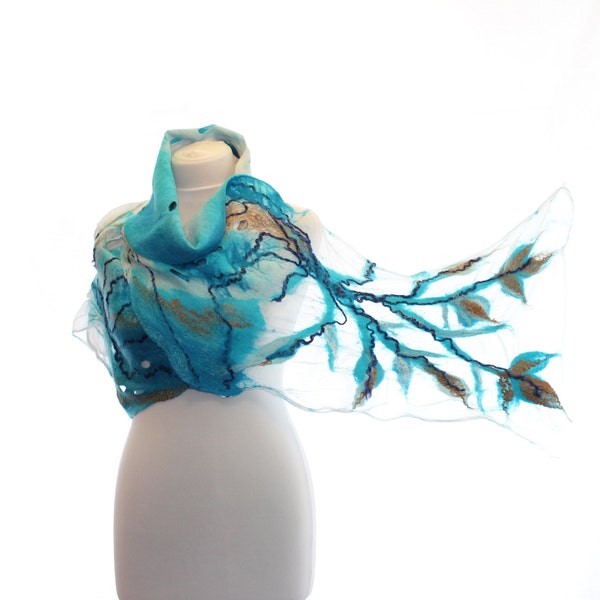 Nuno Felt Shawl OOAK / Asymmetric Nuno felted scarf  / Silk and Merino Wool Scarf / golden white  shades blue and turquoise