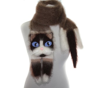 Knitted Scarf ragdoll cat. Fuzzy Soft Scarf. biege brown cat scarf. knited cat scarf. animal scarf. Snowshoe Cat image 3