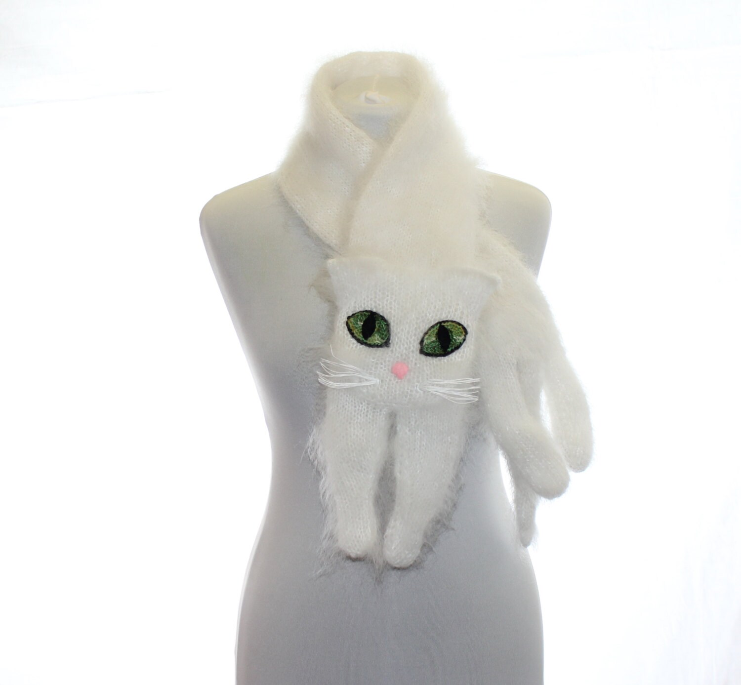 Hand Knitted Fuzzy White Cat Scarf: Animal Lover Gift - Etsy