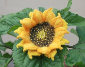 Felted  Sunflower  / yellow felted flower embroidered with beads