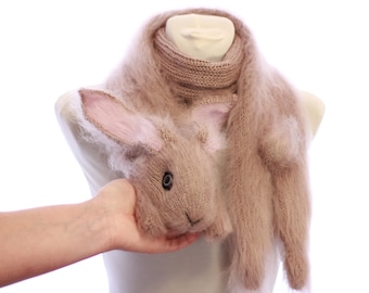 Knitted Rabbit Scarf  / animal scarf /  Fuzzy  Beige Soft Scarf / Pet portrait /bunny scarf / knit scarf / animal scarf