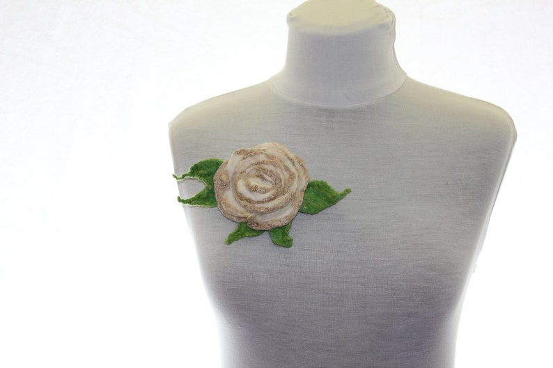 White gold Rose Felted brooch / Felted flower brooch / Felt Jewelry / Wool Flowers / Felted Brooch / Ready to ship image 8