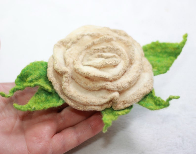 White gold Rose Felted brooch / Felted flower brooch / Felt Jewelry / Wool Flowers / Felted Brooch / Ready to ship image 1