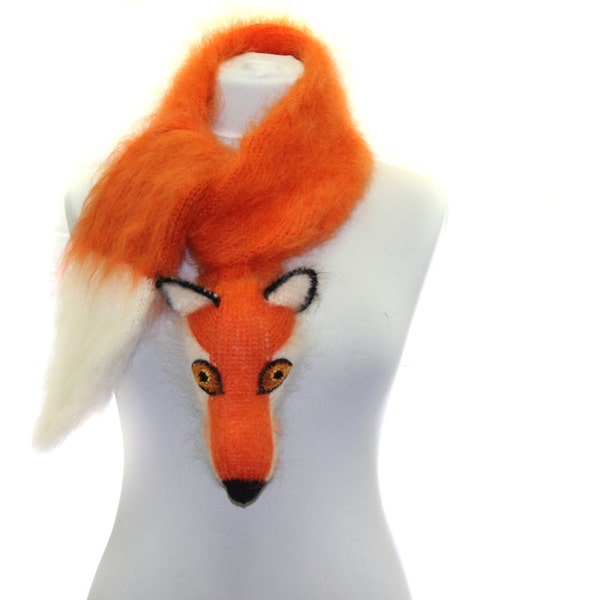 Hand knit fox Scarf Fuzzy Soft Scarf. orange white  fox scarf. scarf. animal scarf