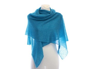 Knitted lace scarf , teal color , Turquoise  , Mohair wrap scarf for women ,  mohair shawl Autumn colors Fall Winter accessory