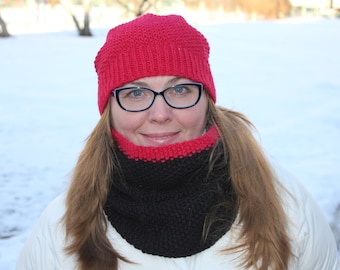 Set knitted hat and infinity scarf, valentine’s gift, black red snood and hat, women's knit circle scarf and hat, knitted cowl, beanie hat