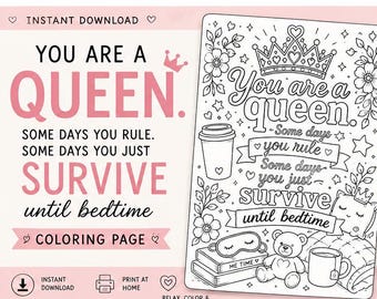 Divertida página para colorear para mujeres / Eres una reina / Página para colorear para aliviar el estrés / Descarga instantánea en PDF