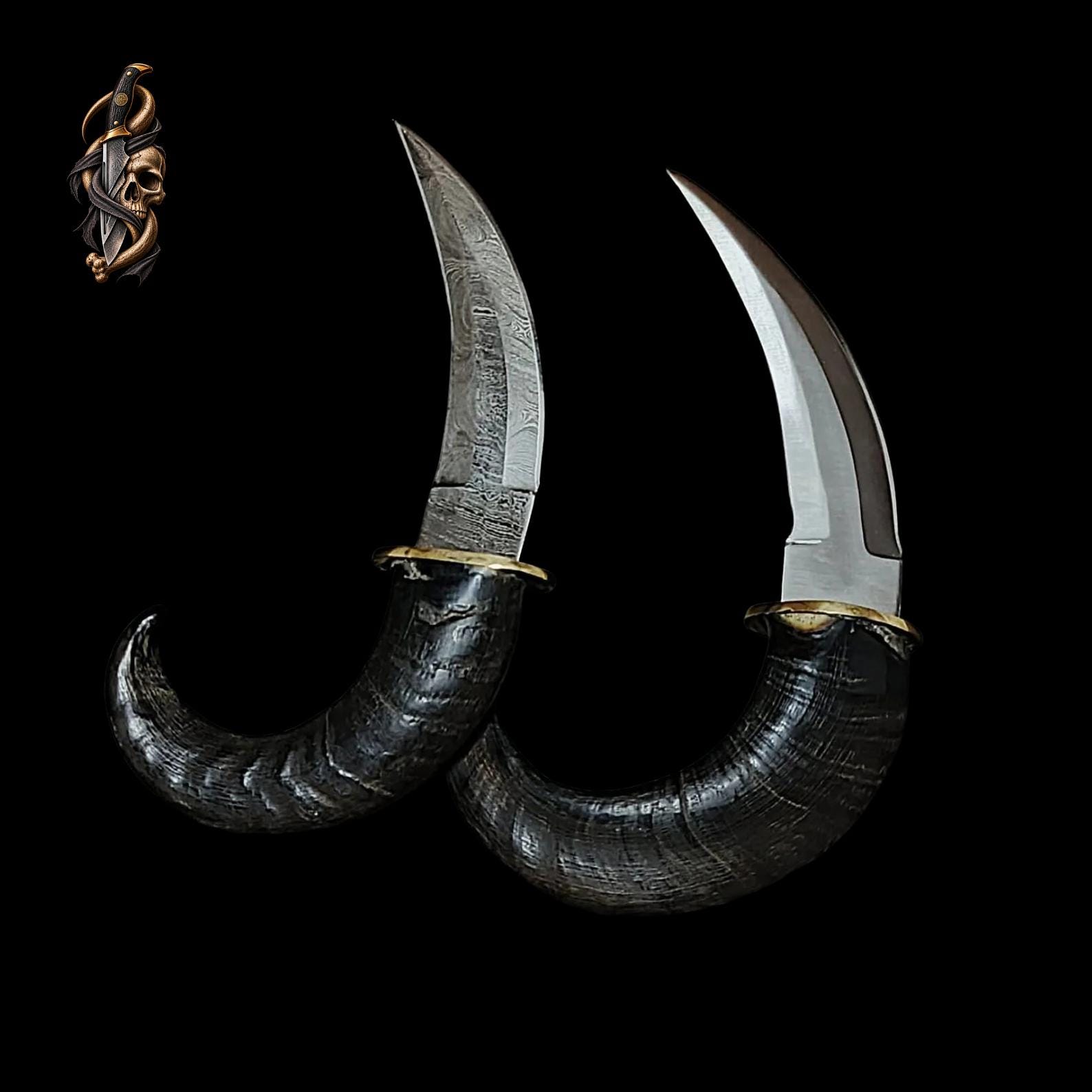 Goat Horn Karambit: D2 Steel, Damascus Blade, Brass Clip, Leather Sheath thumbnail 3