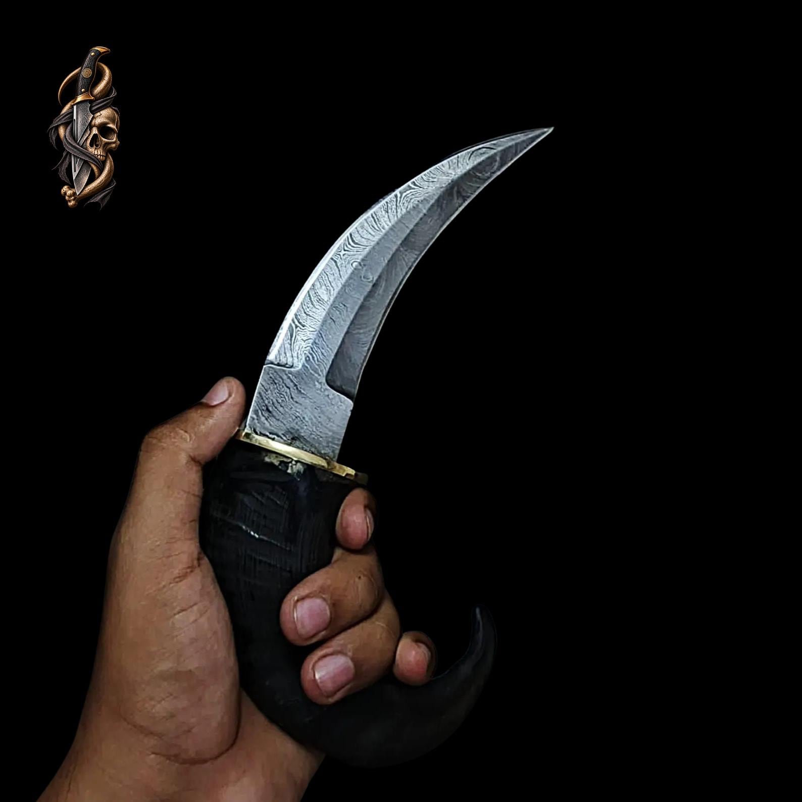 Goat Horn Karambit: D2 Steel, Damascus Blade, Brass Clip, Leather Sheath thumbnail 7