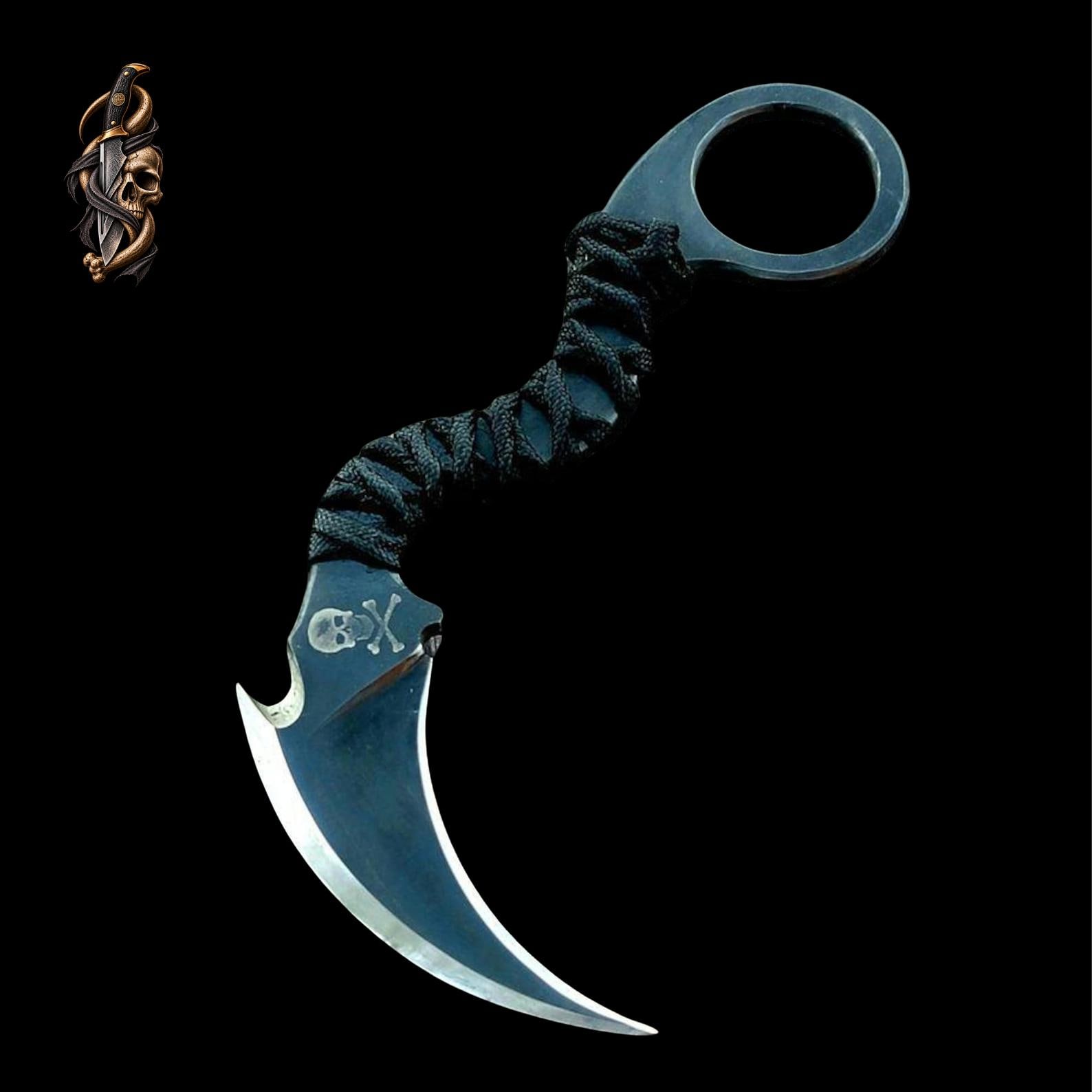 D2 Steel Karambit Set of 3: Powder Coated, Cord Wrapped, Leather Sheath