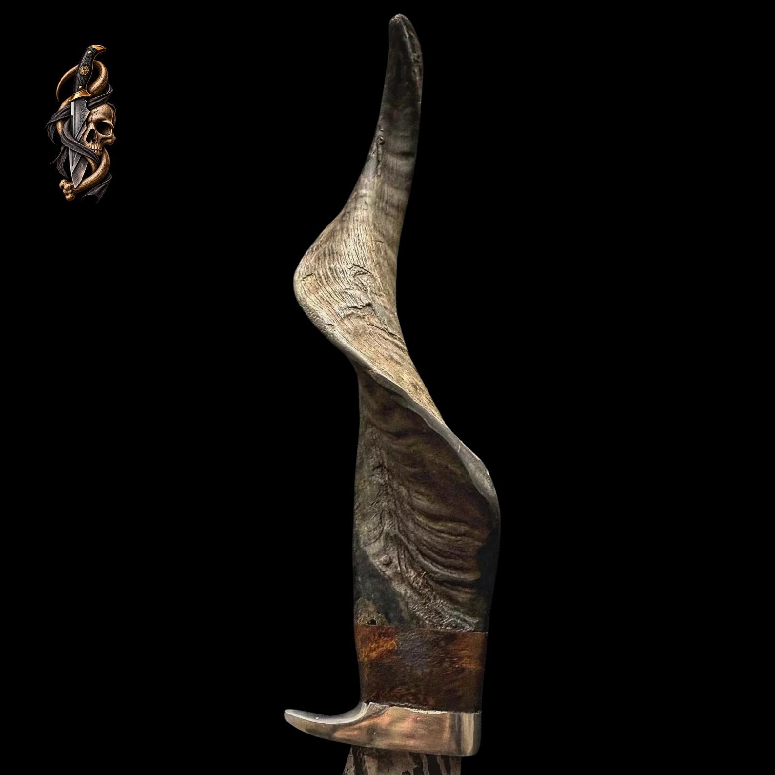 Damascus Steel Knife: Mountain Goat Horn Handle, Leather Sheath thumbnail 3