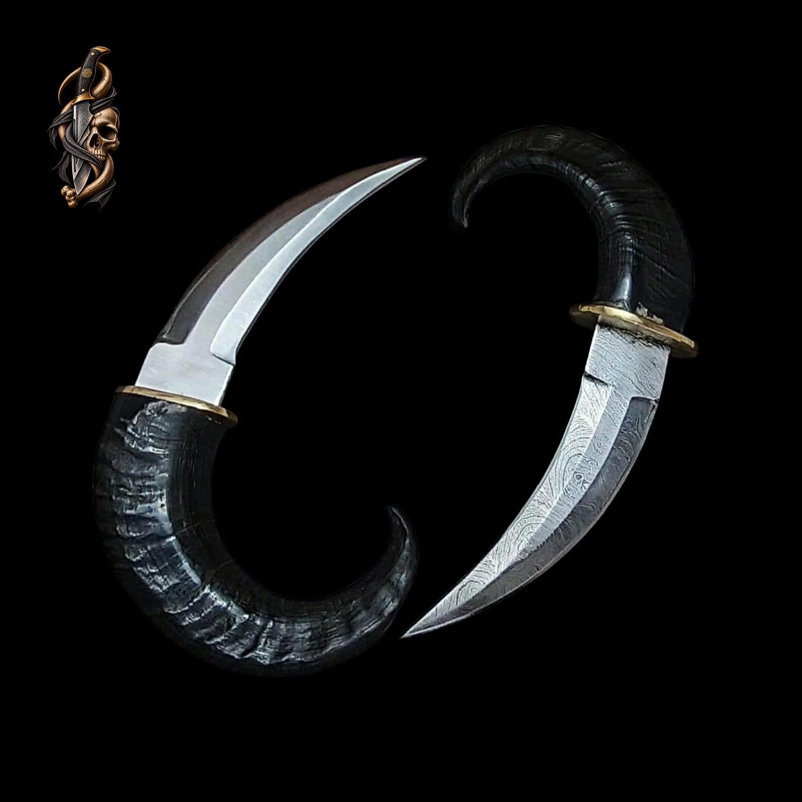 Goat Horn Karambit: D2 Steel, Damascus Blade, Brass Clip, Leather Sheath thumbnail 6