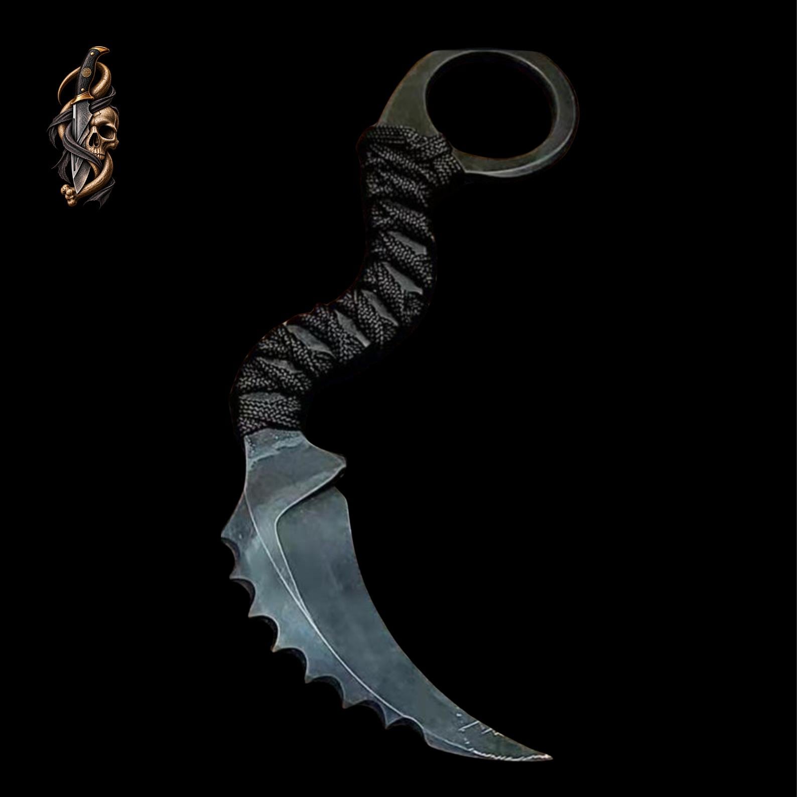 D2 Steel Karambit Set of 3: Powder Coated, Cord Wrapped, Leather Sheath thumbnail 2