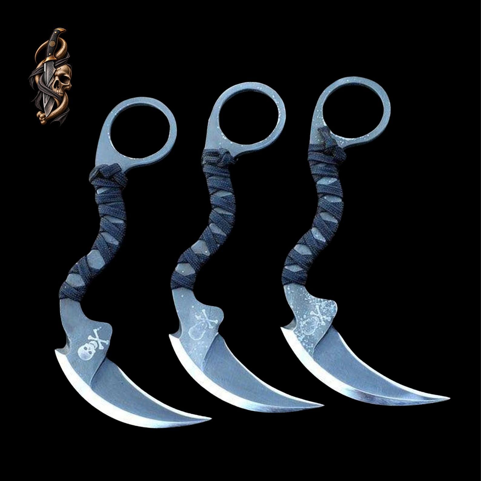 D2 Steel Karambit Set of 3: Powder Coated, Cord Wrapped, Leather Sheath thumbnail 5