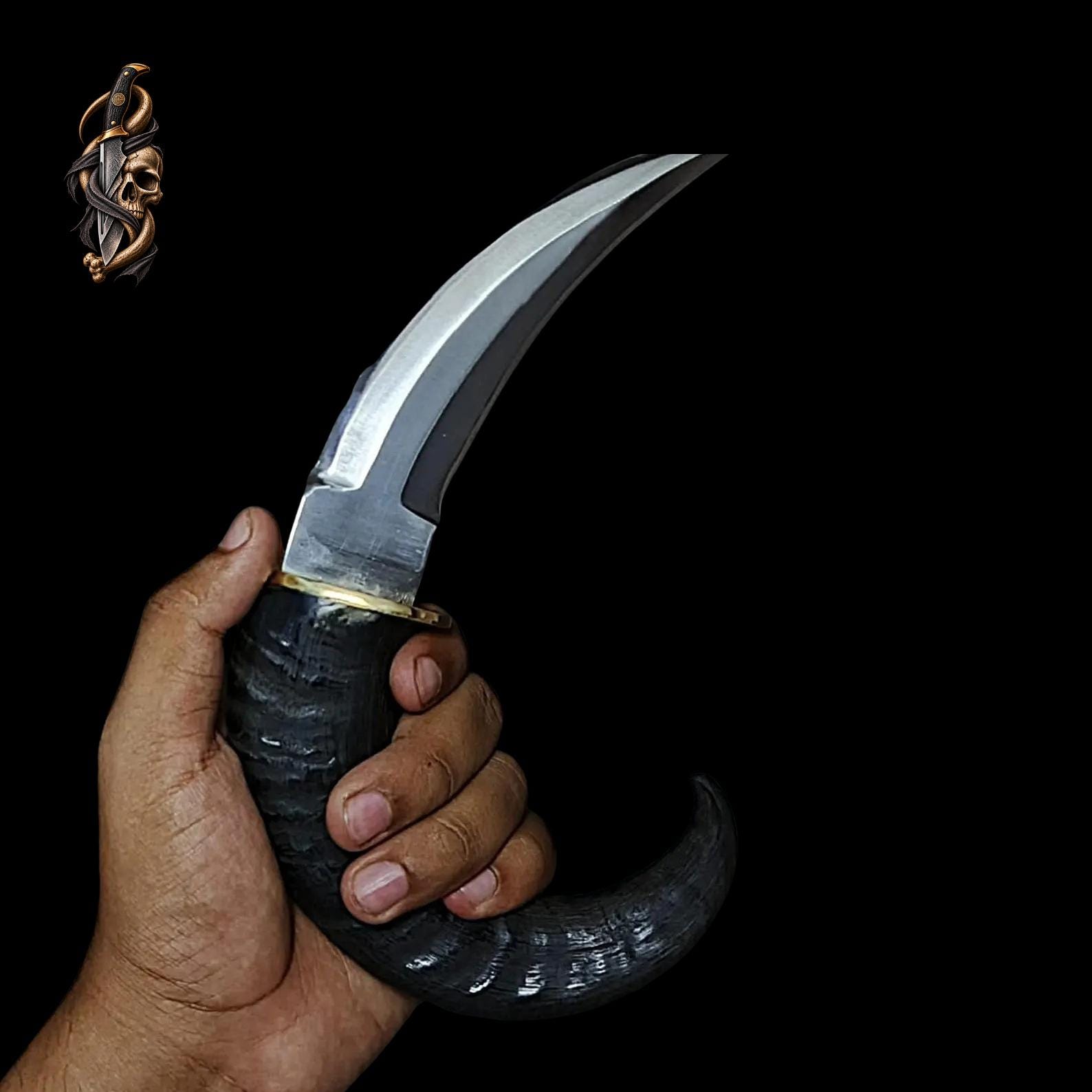 Goat Horn Karambit: D2 Steel, Damascus Blade, Brass Clip, Leather Sheath thumbnail 4