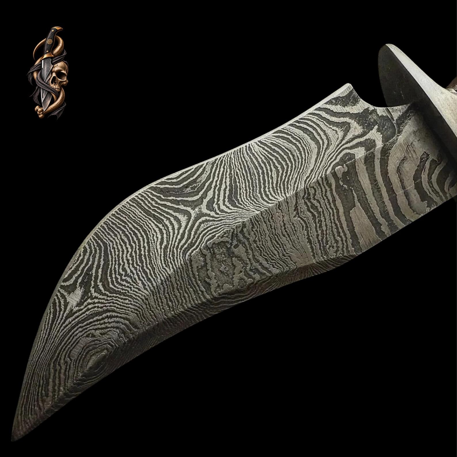 Damascus Steel Knife: Mountain Goat Horn Handle, Leather Sheath thumbnail 5