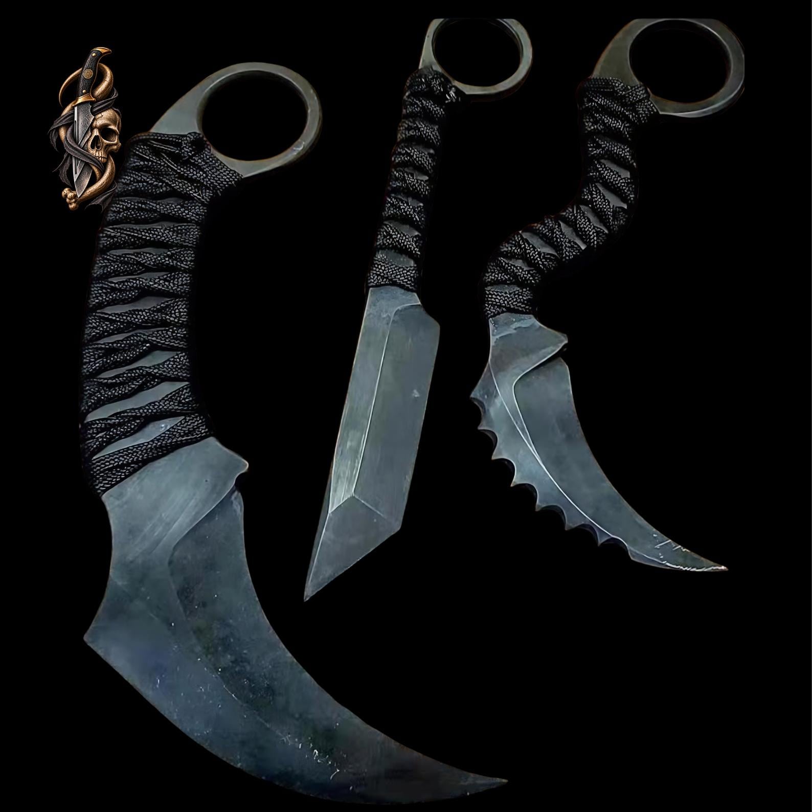 D2 Steel Karambit Set of 3: Powder Coated, Cord Wrapped, Leather Sheath thumbnail 4