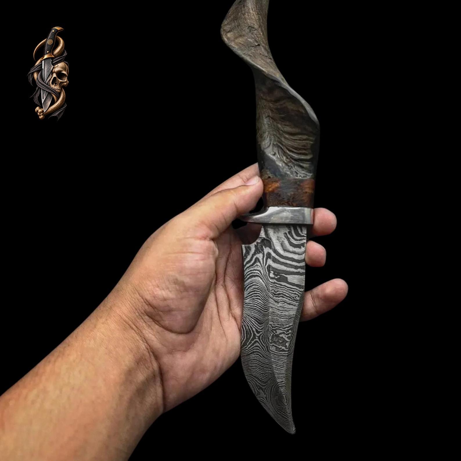 Damascus Steel Knife: Mountain Goat Horn Handle, Leather Sheath thumbnail 7