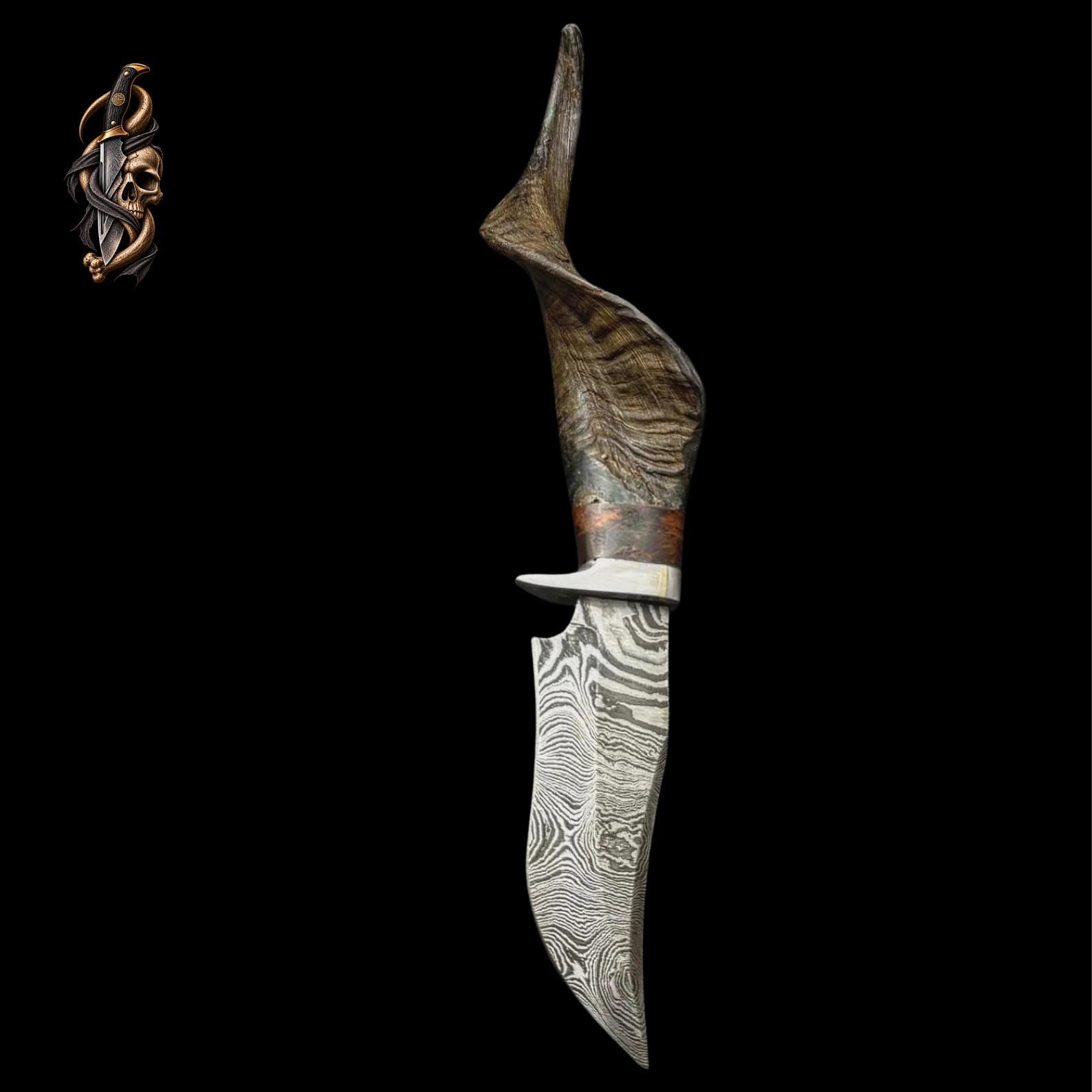 Damascus Steel Knife: Mountain Goat Horn Handle, Leather Sheath thumbnail 4