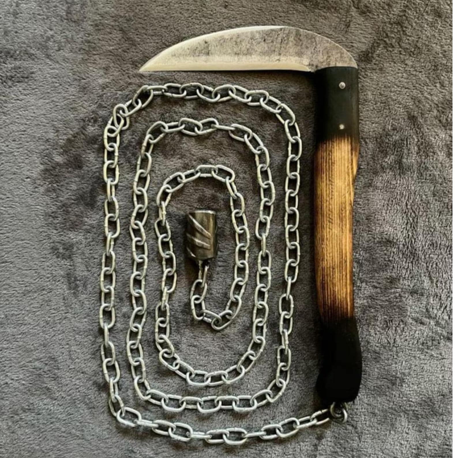 Kursigama Knife : D2 steel Blade, wood, Leather sheath