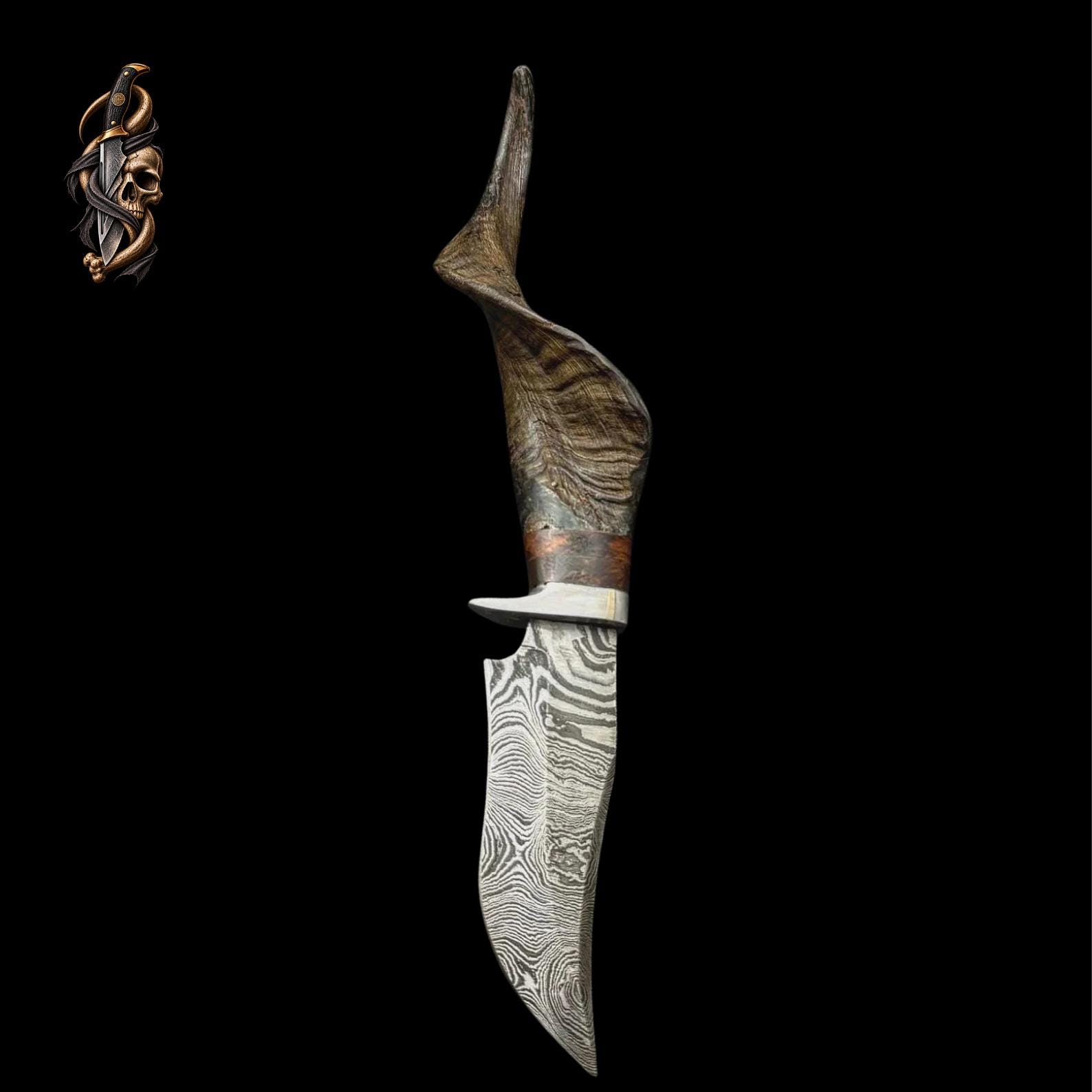 Damascus Steel Knife: Mountain Goat Horn Handle, Leather Sheath
