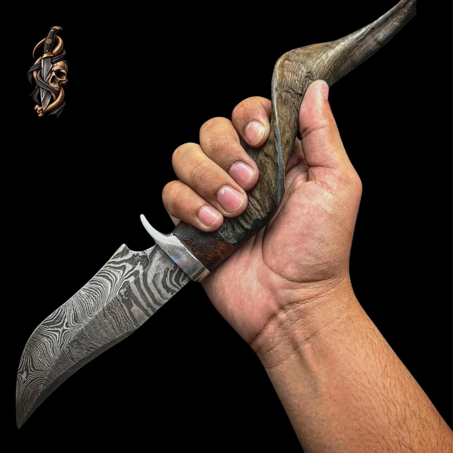 Damascus Steel Knife: Mountain Goat Horn Handle, Leather Sheath thumbnail 6